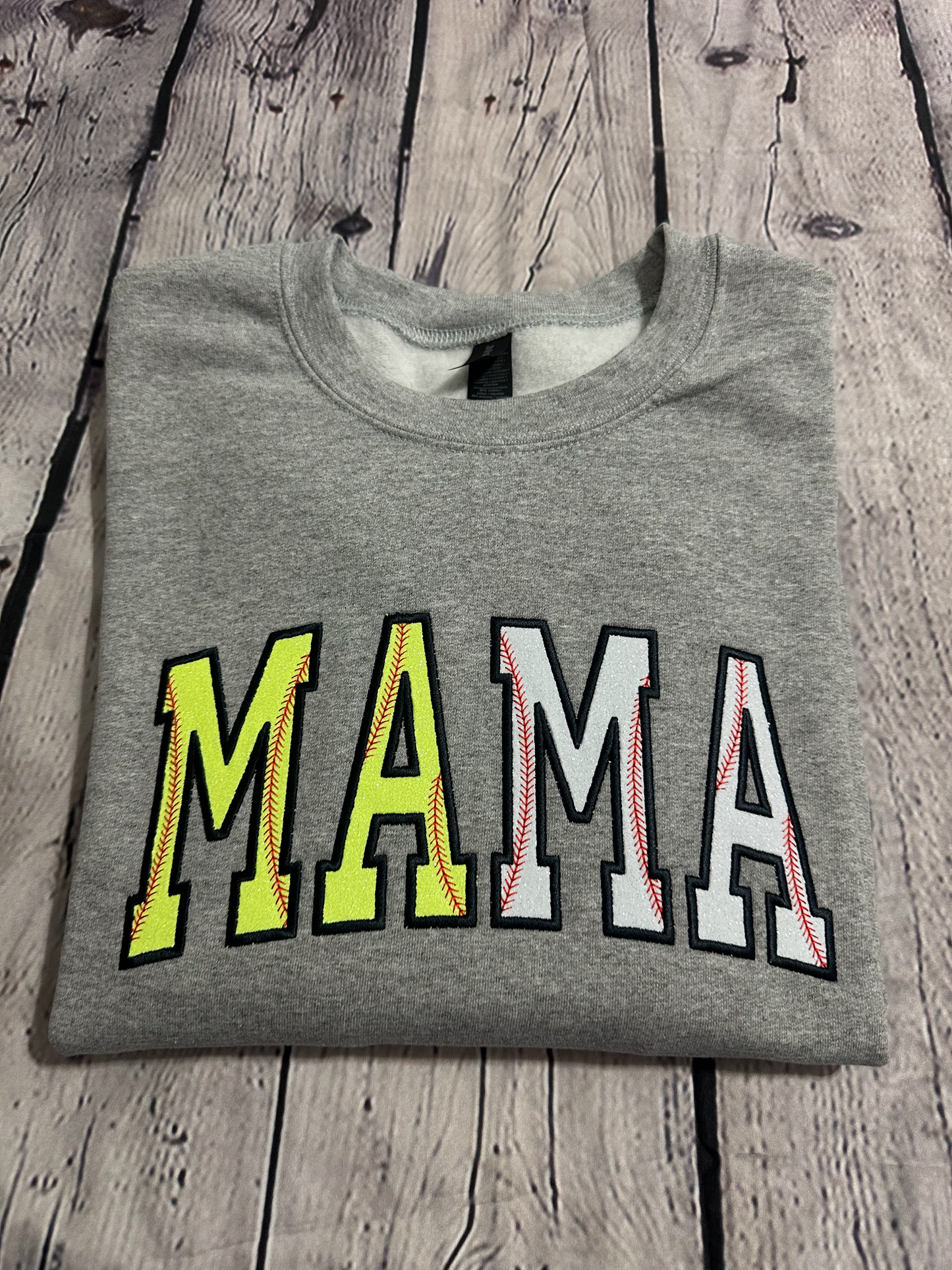 MAMA Softball/Baseball Glitter Appliqué Embroider Crewneck Sweater
